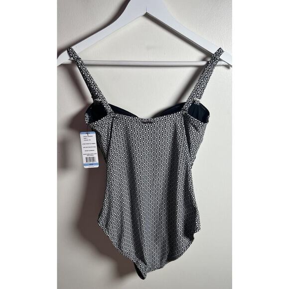 DKNY Women's Black & White Geometric Print Adjustable Strap One Piece Swimsuit L - Picture 5 of 13